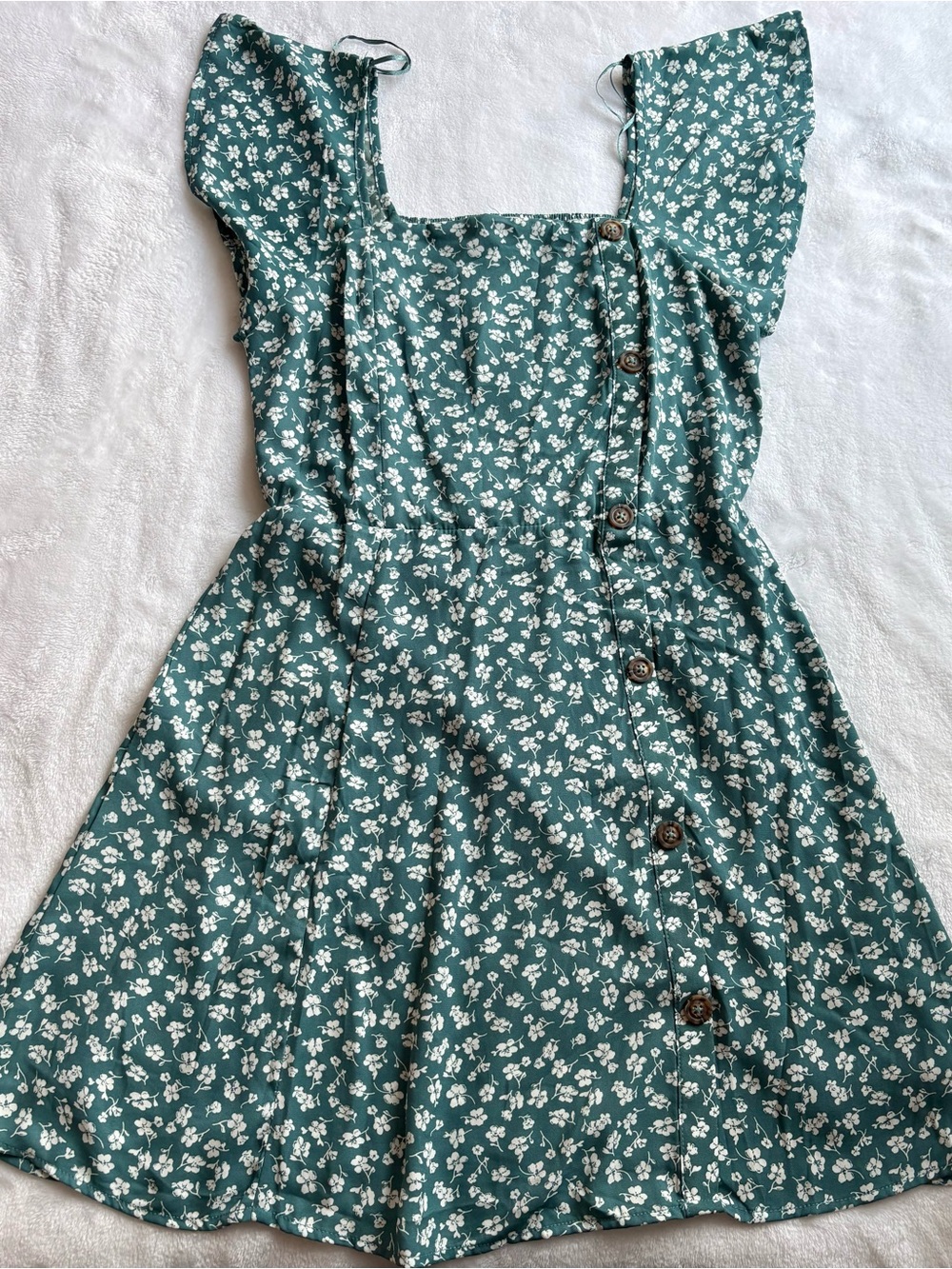 Sage Green Ditsy Floral Square Neck Flutter Sleeve Button Front Dress